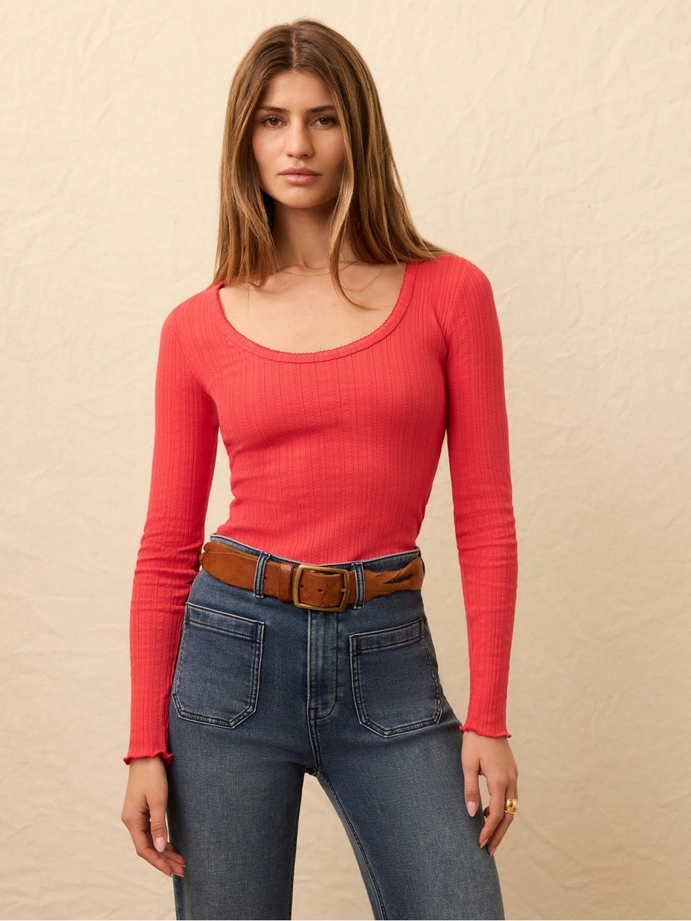 Faherty Pacific Pointelle Scoop Neck Red Women Size Medium Organic Cotton